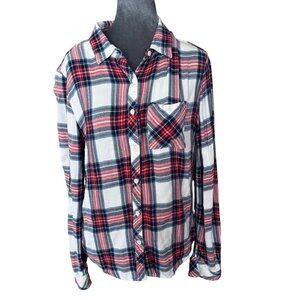 Beach Lunch Lounge Plaid Button Down Shirt White Navy Red Long Sleeve Size M/M